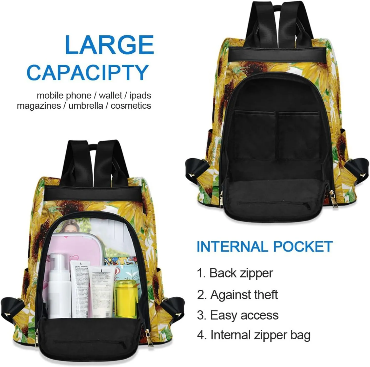 Backpack Purse for Women Anti Theft Fashion Daypack Polyester Travel Bag Crossbody Shoulder Bag Sunflower 13.4 X 5.9 X 15in Pattern 3