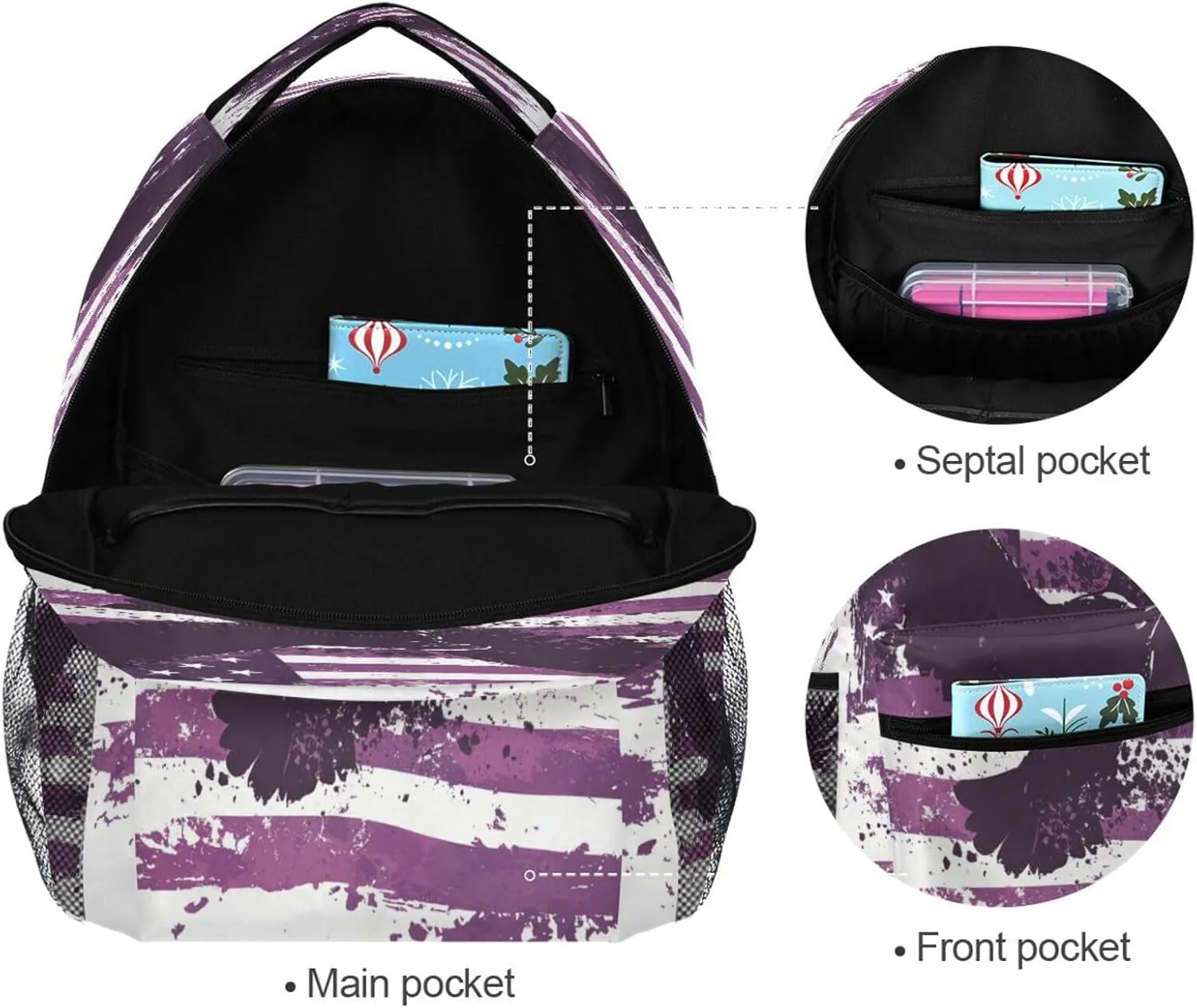 Backpacks for Teacher Nurse Waterproof Personal Backpack with Chest Strap for Business Work College Travel Trip Purple Heart Day bird