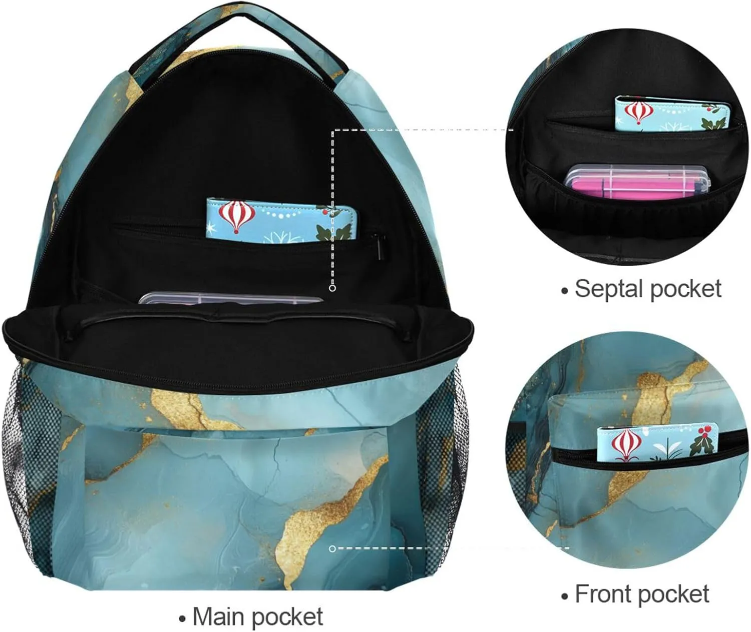 Backpacks for Teacher Nurse Waterproof Sports Backpack with Chest Strap for College Work Marble Grey Turquoise