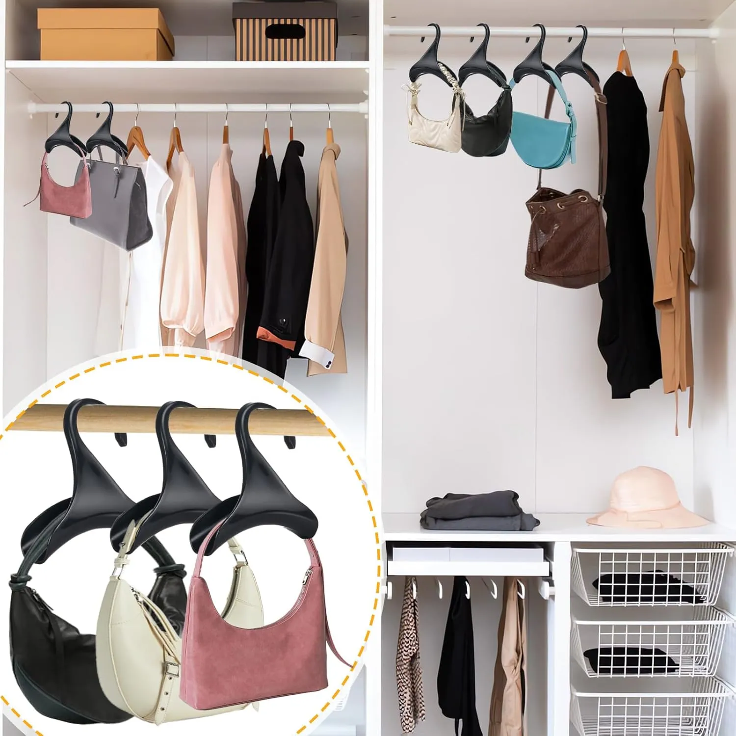 Bag Hanger, 12 Pcs Black Purse Hangers for Closet, Handbag Hangers for Closet, Handbag Organizer Hooks, Bag Organizer Hanging Hooks for Backpacks Satchels Tote Bag Home Storage (Black)