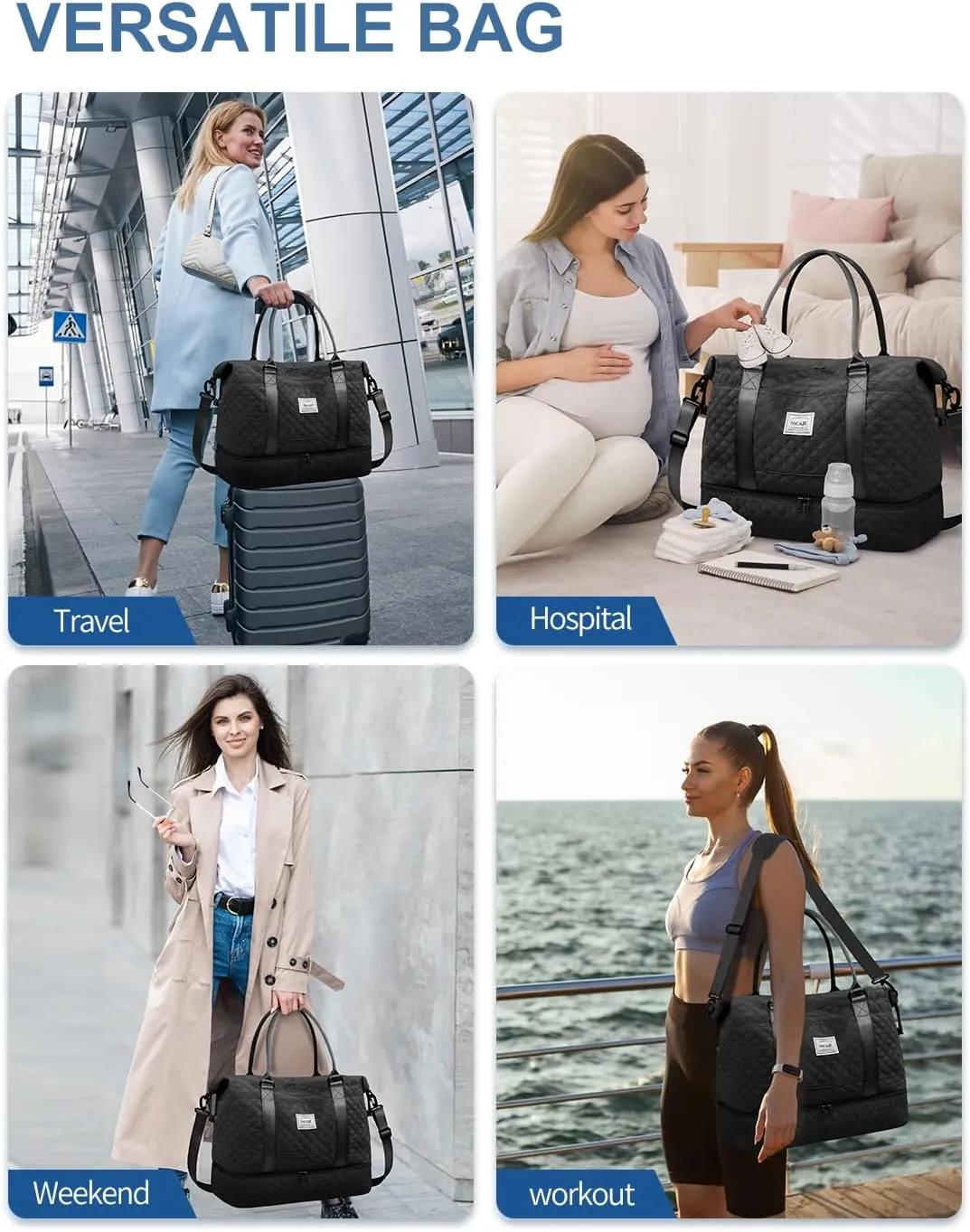 BAGAIL Travel Duffel Bag - Weekender & Overnight Gym Carry On Tote with Wet Pocket - Hospital Mom Bag for Labor and Delivery - Extra Large - Grid-Black