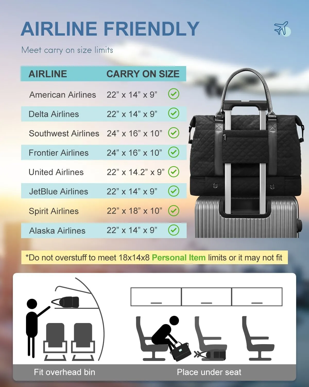 BAGAIL Travel Duffel Bag - Weekender & Overnight Gym Carry On Tote with Wet Pocket - Hospital Mom Bag for Labor and Delivery - Extra Large - Grid-Black