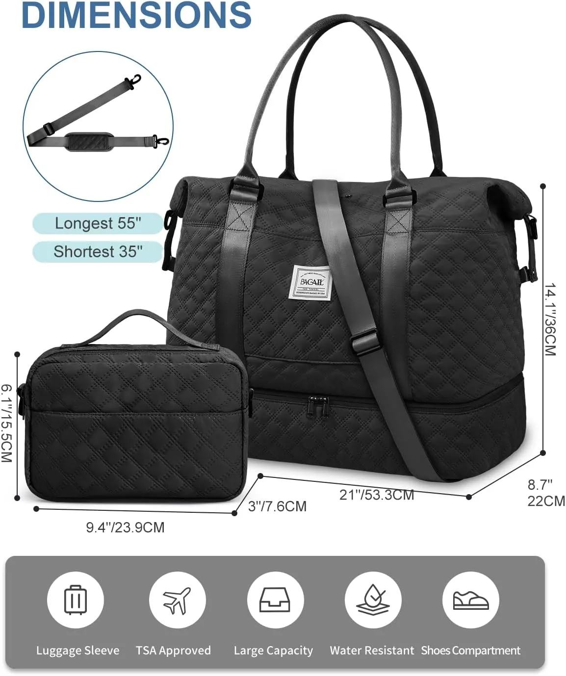 BAGAIL Travel Duffel Bag - Weekender & Overnight Gym Carry On Tote with Wet Pocket - Hospital Mom Bag for Labor and Delivery - Extra Large - Grid-Black