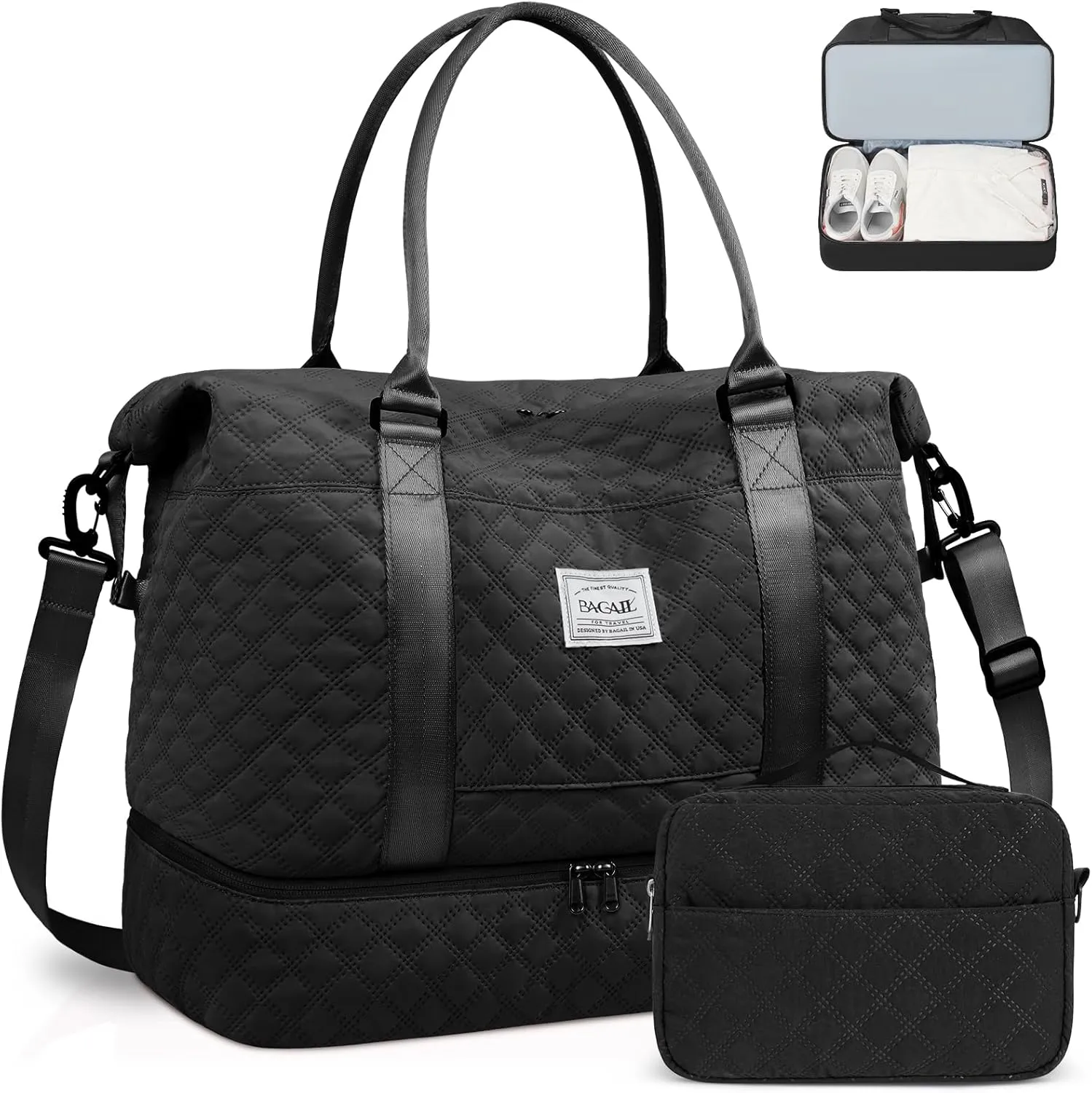 BAGAIL Travel Duffel Bag - Weekender & Overnight Gym Carry On Tote with Wet Pocket - Hospital Mom Bag for Labor and Delivery - Extra Large - Grid-Black