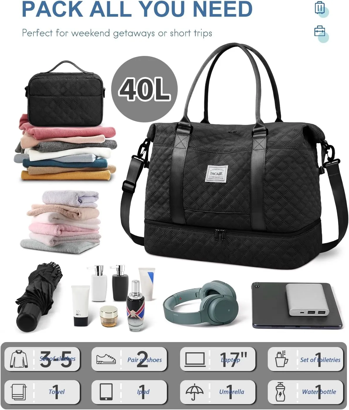 BAGAIL Travel Duffel Bag - Weekender & Overnight Gym Carry On Tote with Wet Pocket - Hospital Mom Bag for Labor and Delivery - Extra Large - Grid-Black