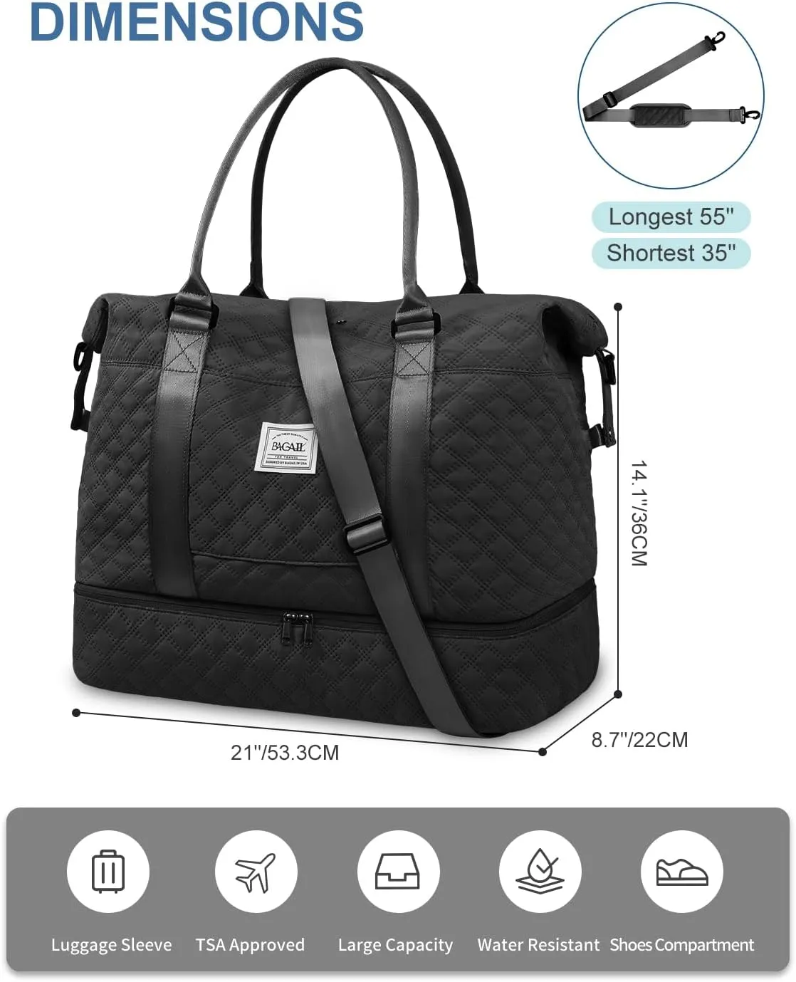 BAGAIL Travel Duffel Bag, Weekender Bags for Women, Overnight Gym Carry On Tote Bag with Wet Pocket, Hospital Mom Bag for Labor and Delivery - Extra Large, Grid-Black