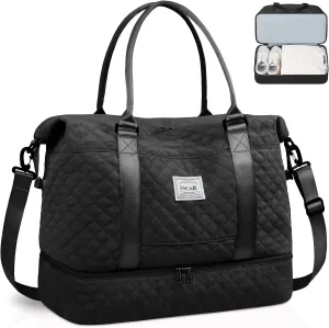 BAGAIL Travel Duffel Bag, Weekender Bags for Women, Overnight Gym Carry On Tote Bag with Wet Pocket, Hospital Mom Bag for Labor and Delivery - Extra Large, Grid-Black