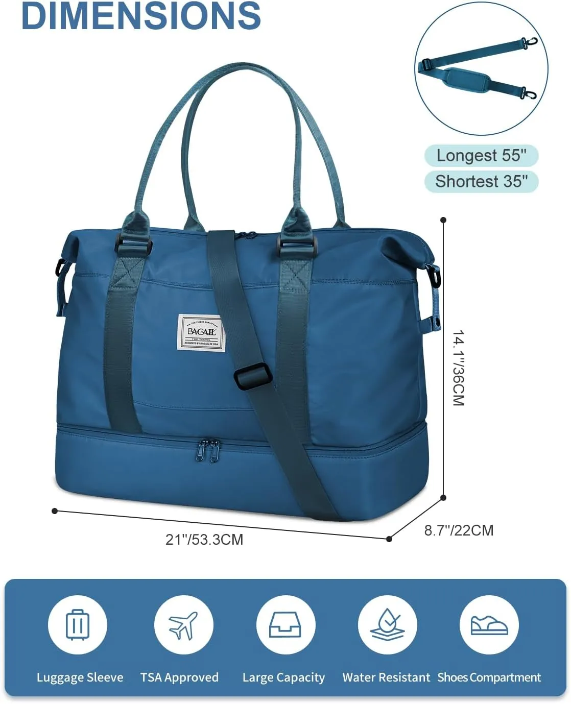 BAGAIL Travel Duffel Bag, Weekender Bags for Women, Overnight Gym Carry On Tote Bag with Wet Pocket, Hospital Mom Bag for Labor and Delivery - Extra Large, Peacock Blue
