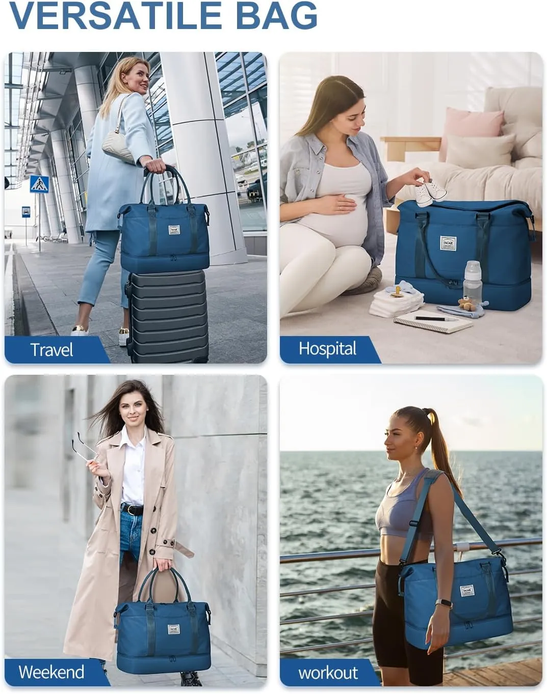 BAGAIL Travel Duffel Bag, Weekender Bags for Women, Overnight Gym Carry On Tote Bag with Wet Pocket, Hospital Mom Bag for Labor and Delivery - Extra Large, Peacock Blue