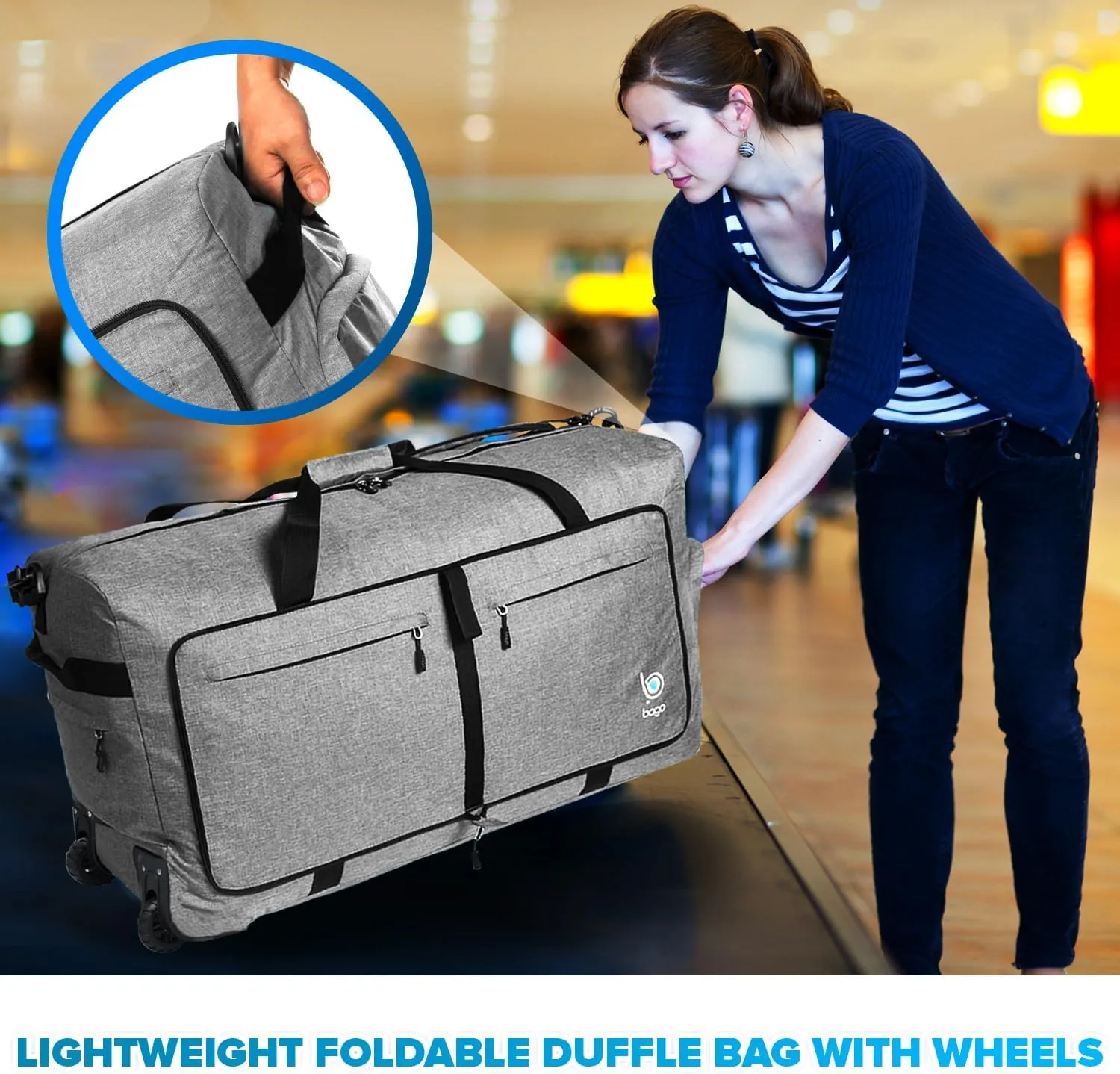Bago Rolling Duffle Bag with Wheels - 27" 80L Foldable Weekender Bag, Waterproof Travel Duffel Bag, Heavy Duty lightWeight Duffle Bag for Traveling, Rolling Duffel Bag with Wheels (SnowGray2023)