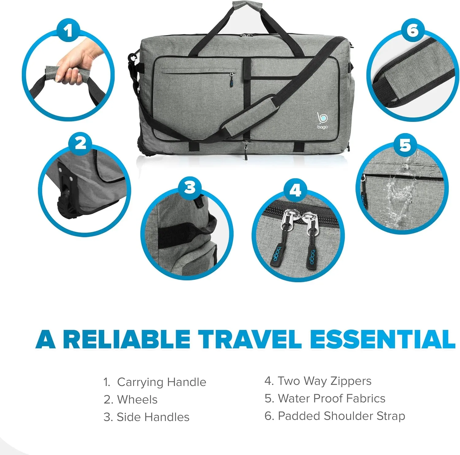 Bago Rolling Duffle Bag with Wheels - 27" 80L Foldable Weekender Bag, Waterproof Travel Duffel Bag, Heavy Duty lightWeight Duffle Bag for Traveling, Rolling Duffel Bag with Wheels (SnowGray2023)