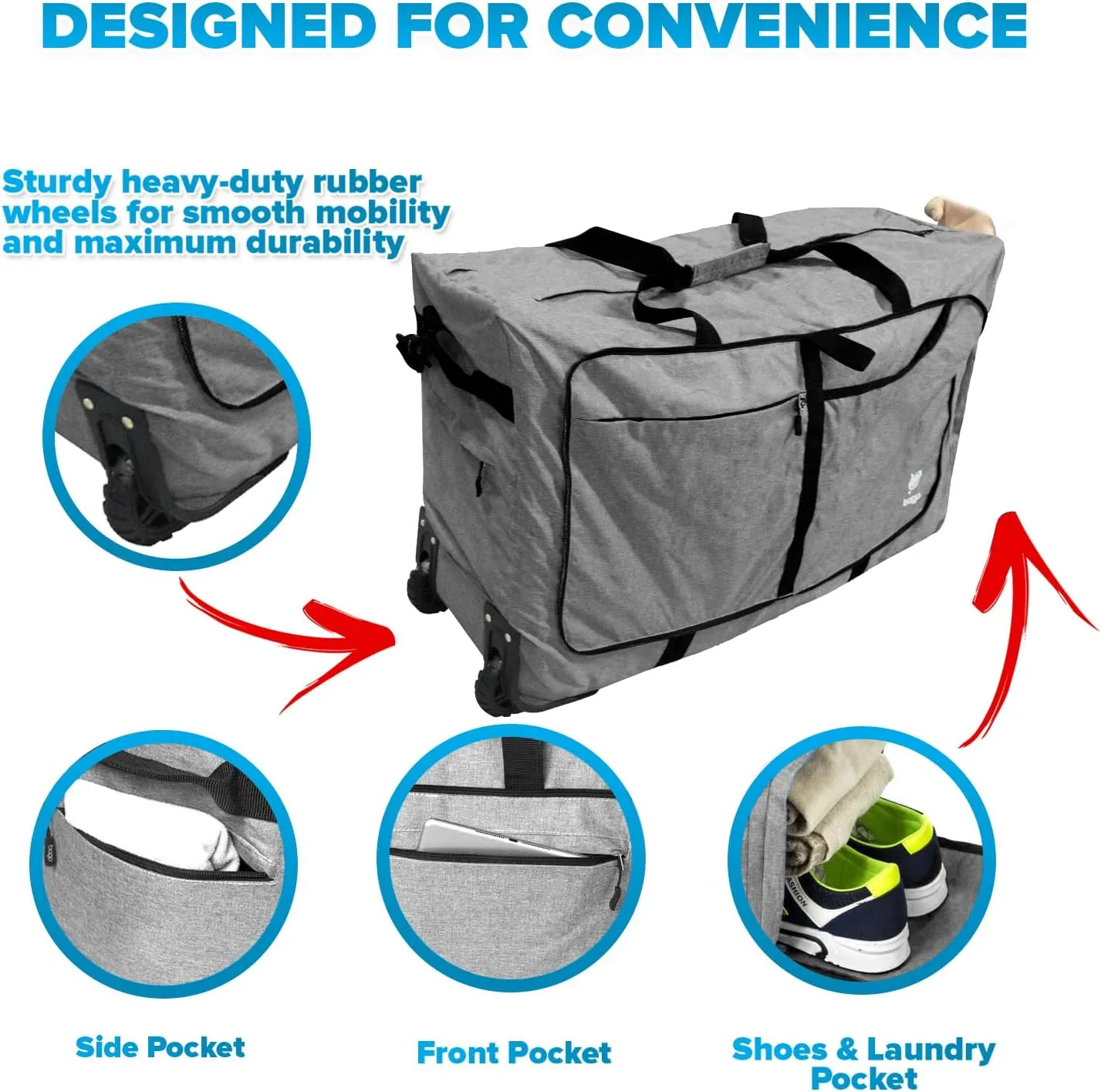 Bago Rolling Duffle Bag with Wheels - 27" 80L Foldable Weekender Bag, Waterproof Travel Duffel Bag, Heavy Duty lightWeight Duffle Bag for Traveling, Rolling Duffel Bag with Wheels (SnowGray2023)