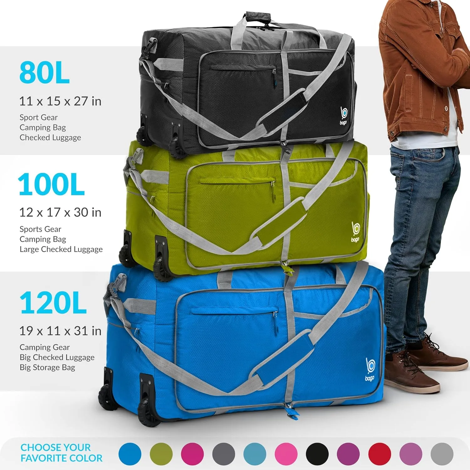 Bago Rolling Duffle Bag with Wheels - 30" 100L Foldable Weekender Bag, Waterproof Travel Duffel Bag, Heavy Duty lightWeight Duffle Bag for Traveling, Rolling Duffel Bag with Wheels (SnowBlue2024)