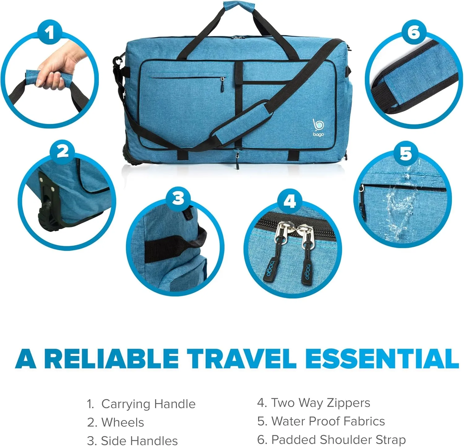 Bago Rolling Duffle Bag with Wheels - 30" 100L Foldable Weekender Bag, Waterproof Travel Duffel Bag, Heavy Duty lightWeight Duffle Bag for Traveling, Rolling Duffel Bag with Wheels (SnowBlue2024)