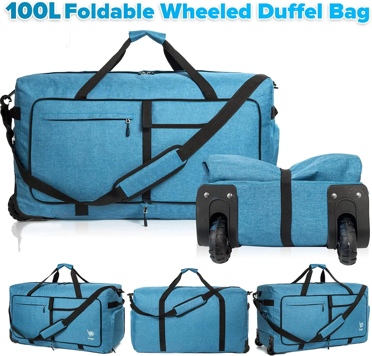 Bago Rolling Duffle Bag with Wheels - 30" 100L Foldable Weekender Bag, Waterproof Travel Duffel Bag, Heavy Duty lightWeight Duffle Bag for Traveling, Rolling Duffel Bag with Wheels (SnowBlue2024)