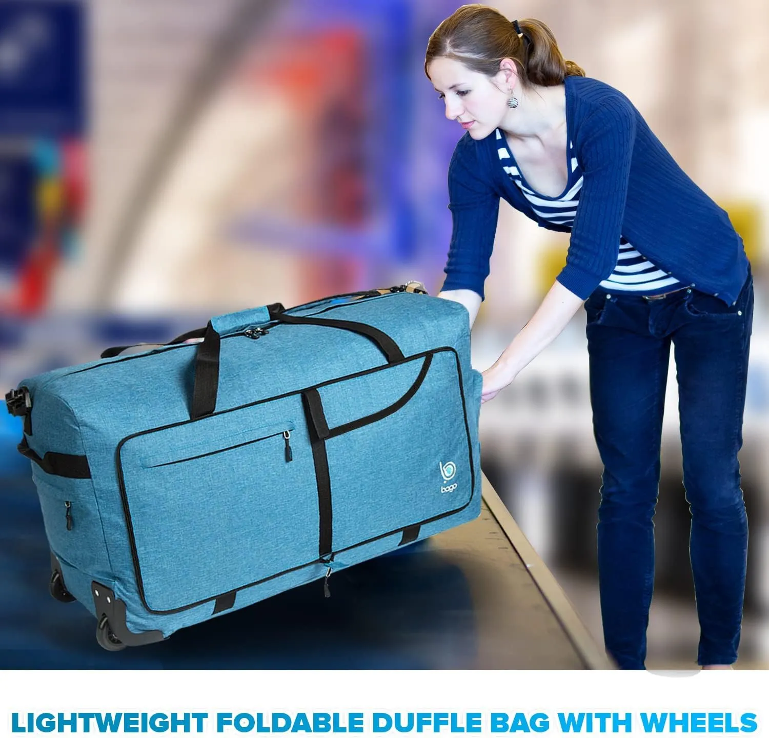 Bago Rolling Duffle Bag with Wheels - 30" 100L Foldable Weekender Bag, Waterproof Travel Duffel Bag, Heavy Duty lightWeight Duffle Bag for Traveling, Rolling Duffel Bag with Wheels (SnowBlue2024)