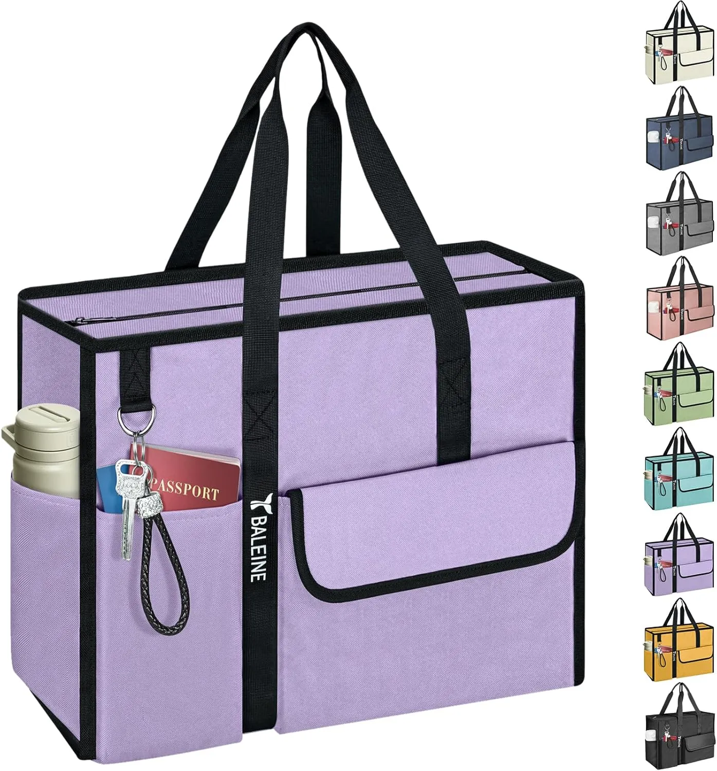 BALEINE Large Utility Tote Bag with Reinforced Bottom, Multi Pockets Foldable Tote Bag for Nurse, Travel, Work