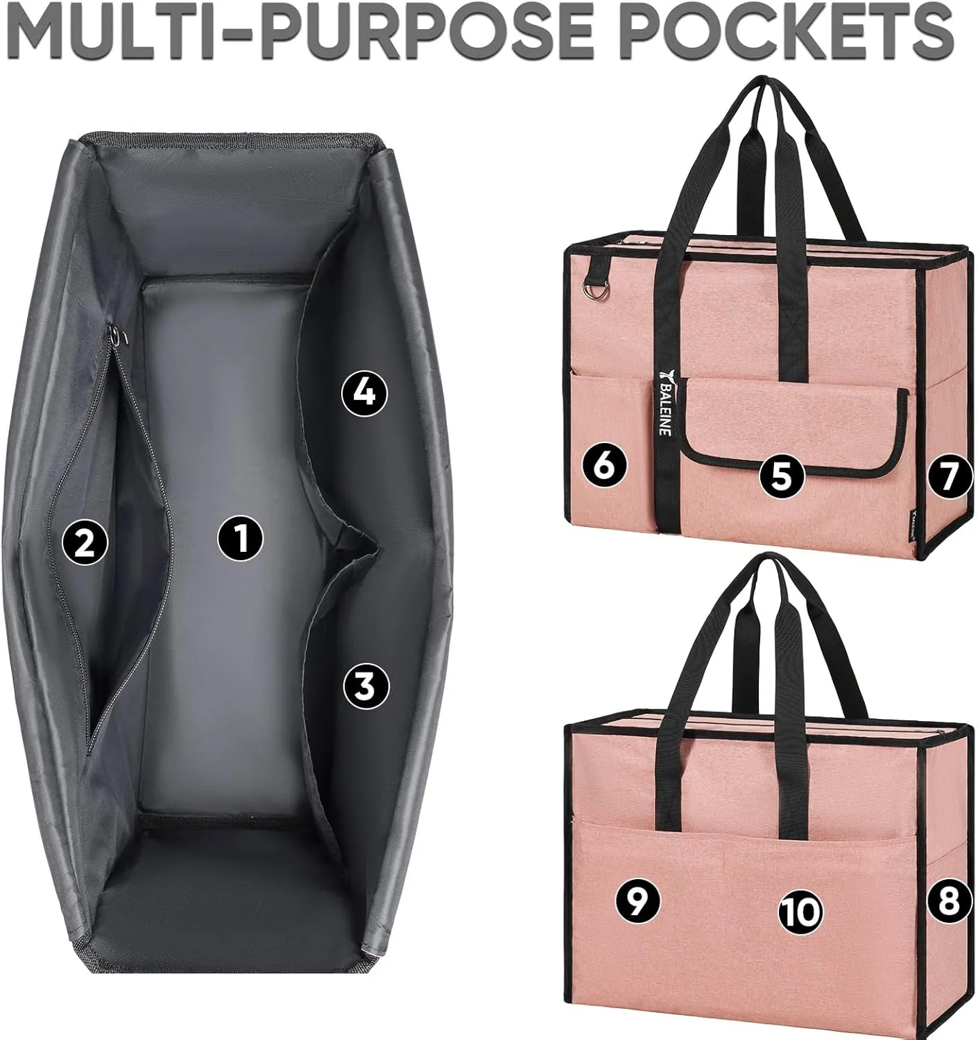 BALEINE Large Utility Tote Bag with Reinforced Bottom, Multi Pockets Foldable Tote Bag for Nurse, Travel, Work