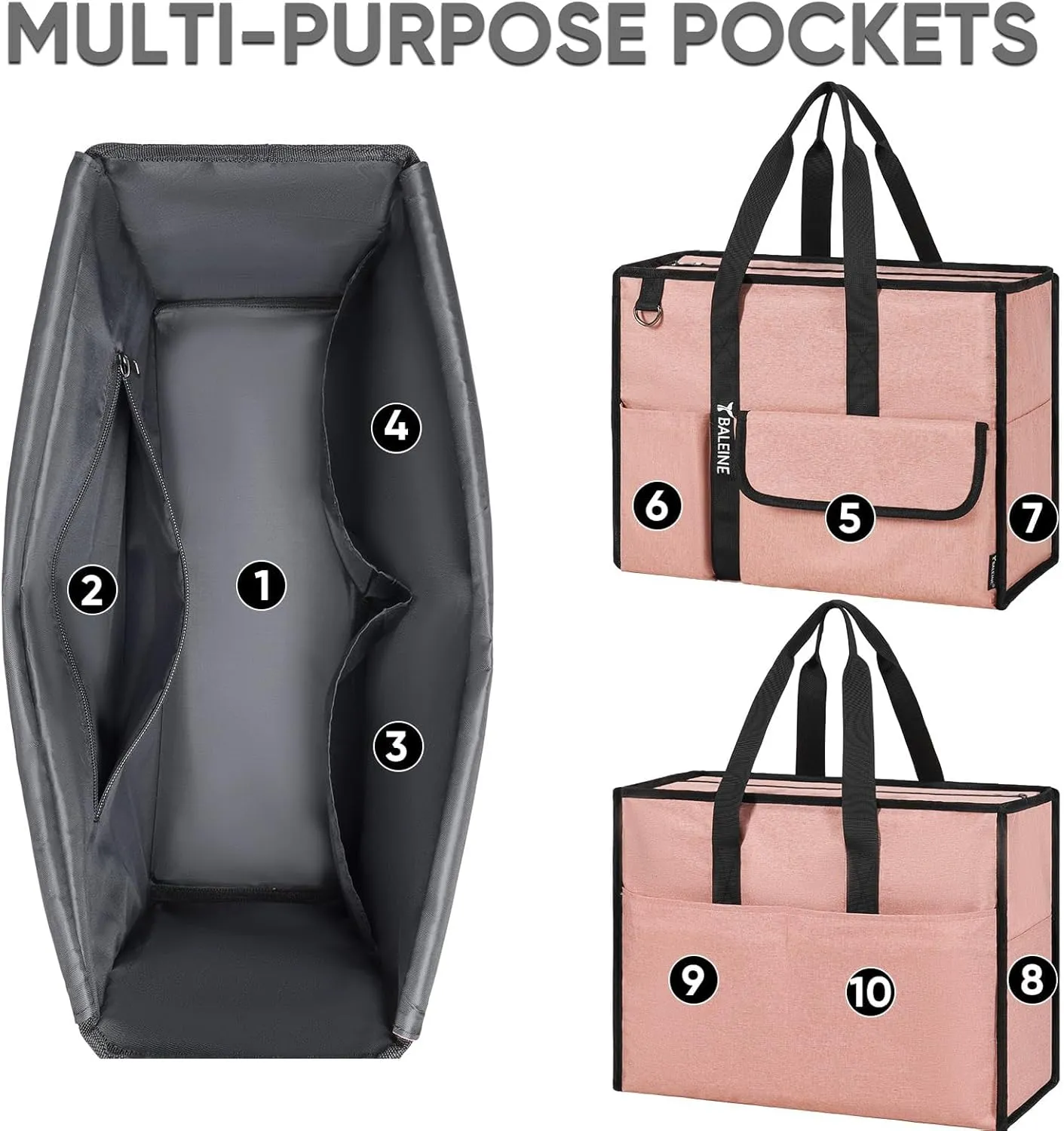 BALEINE Large Utility Tote Bag with Reinforced Bottom, Multi Pockets Foldable Tote Bag for Nurse, Travel, Work