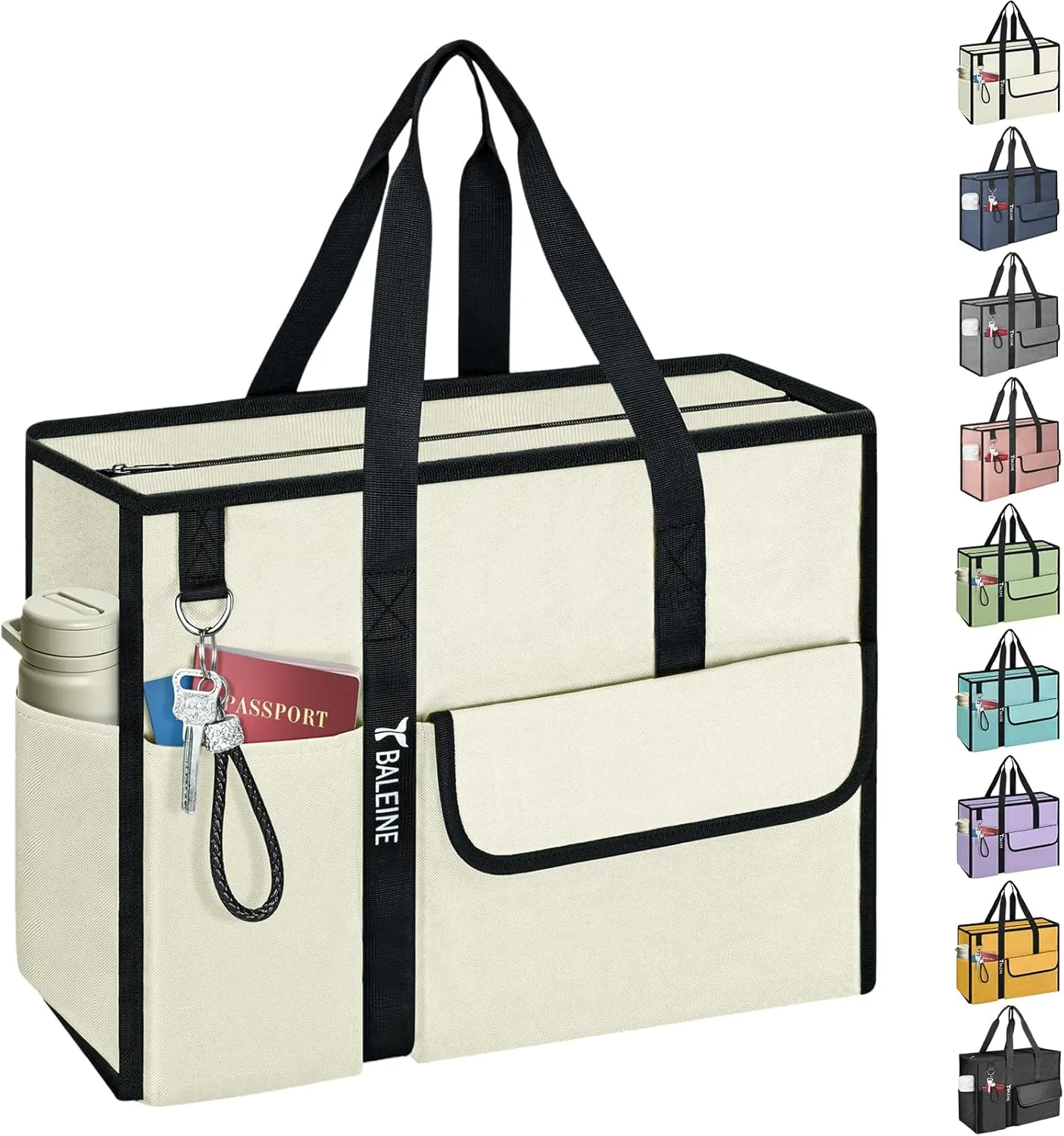 BALEINE Large Utility Tote Bag with Reinforced Bottom, Multi Pockets Foldable Tote Bag for Nurse, Travel, Work