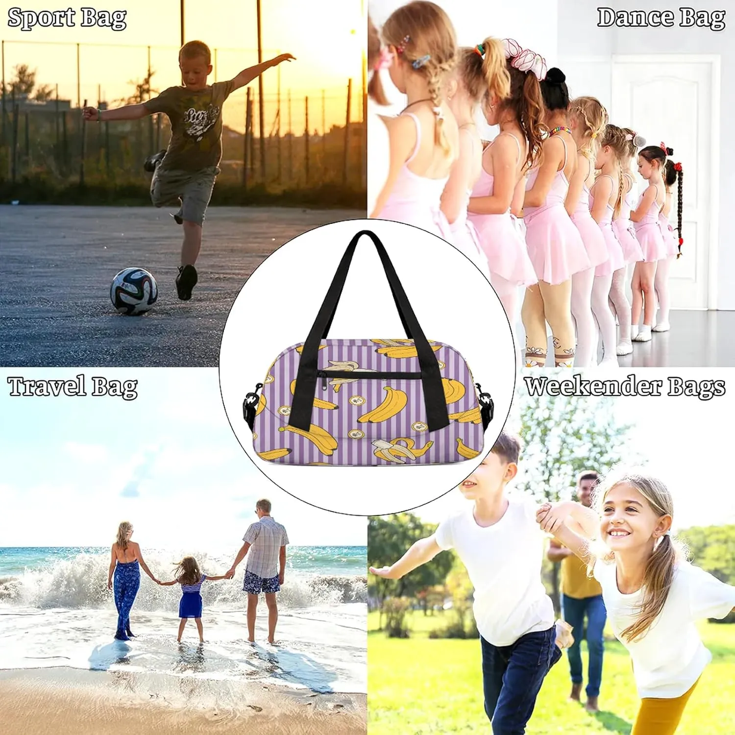 Banana Stripes Pattern Kids Duffel Bag Lightweight Waterproof Sports Gym Bag with Front Zipper Pocket Foldable Weekender Overnight Bag for School Practice Gymnastic Ballet