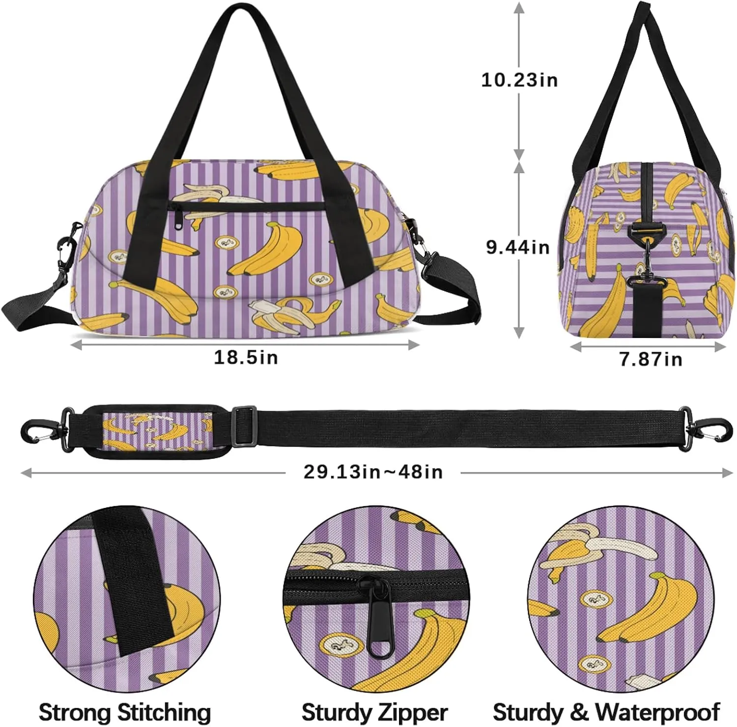 Banana Stripes Pattern Kids Duffel Bag Lightweight Waterproof Sports Gym Bag with Front Zipper Pocket Foldable Weekender Overnight Bag for School Practice Gymnastic Ballet