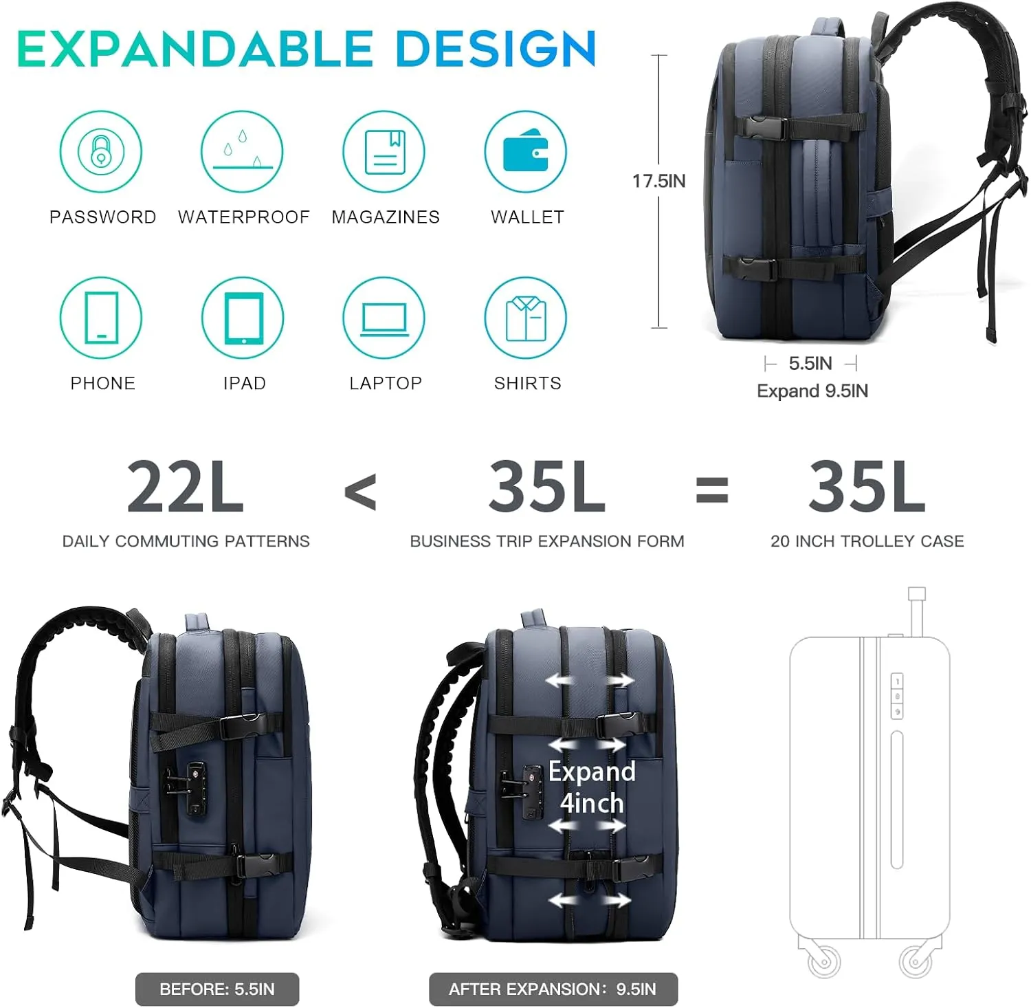 BANGE Airback Backpack with Anti-Theft Vacuum Compression Travel Backpack,Expandable Backpacks with Pump for Airplanes