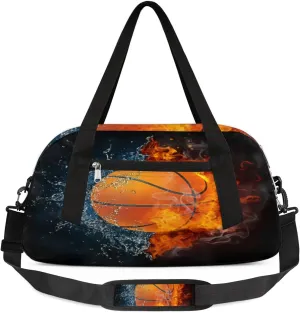 Basketball Water And Fire Duffel Bag for Women Men Travel Bag Small Gym Bag Waterproof Workout Overnight Tote Bag for Sport Dance Weekend Yoga