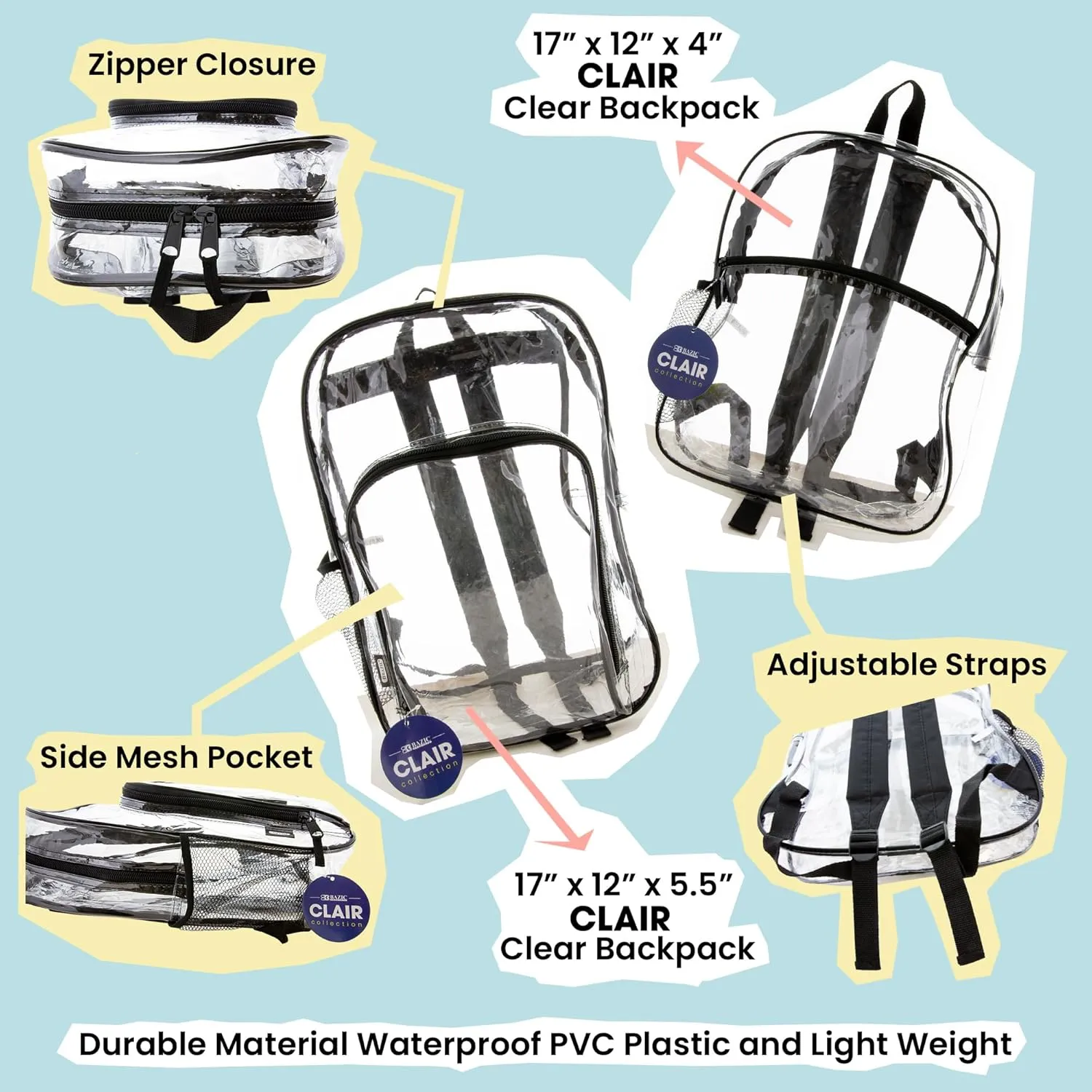 BAZIC Clear Backpack Clair 15", Transparent Bag Large Capacity Waterproof, See Through Plastic School Bag, Security Travel Sports Events, 24-Pack
