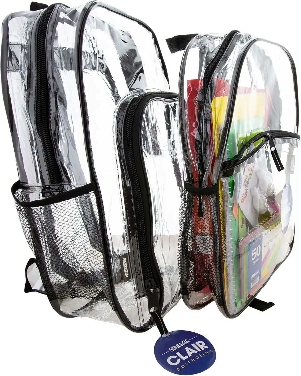 BAZIC Clear Backpack Clair 15", Transparent Bag Large Capacity Waterproof, See Through Plastic School Bag, Security Travel Sports Events, 24-Pack