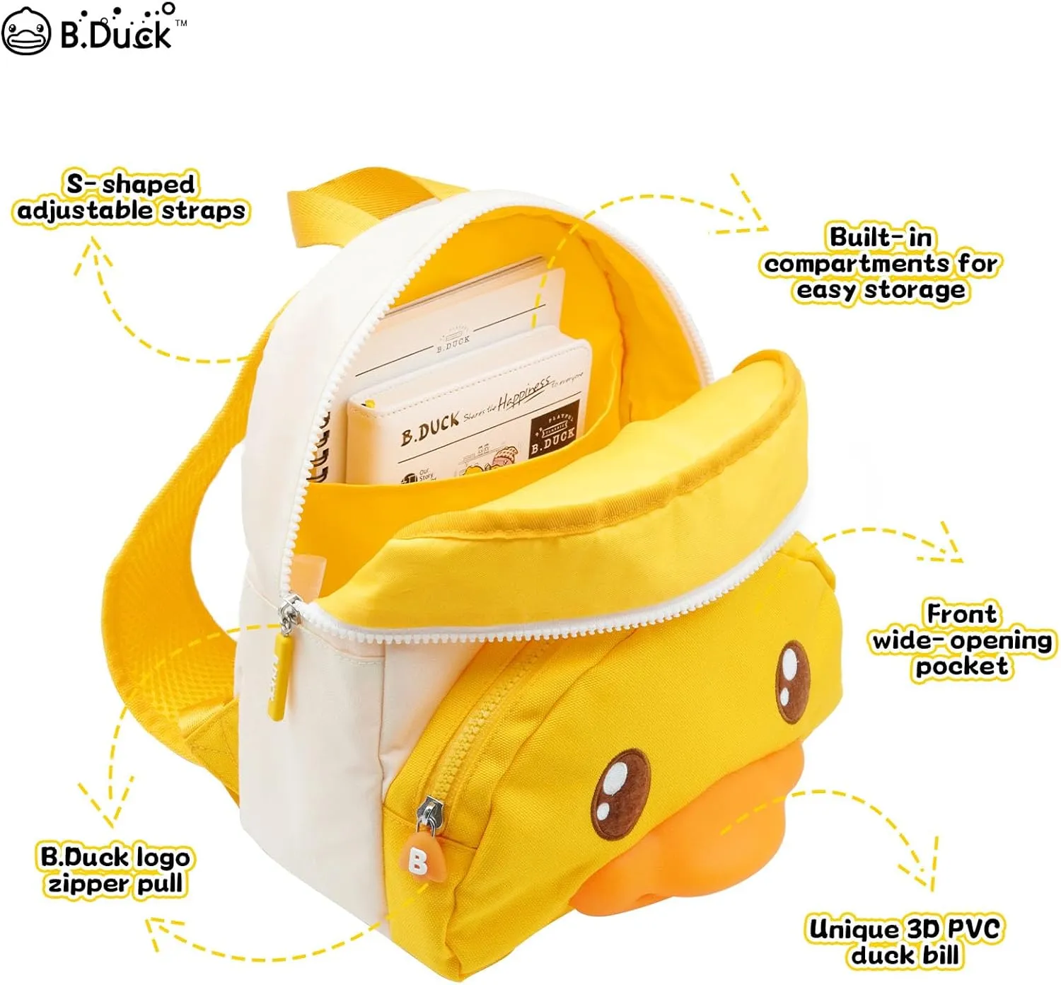 B.Duck Kids Backpack Kindergarten Toddler Mini Backpacks Cute Animal Cartoon Duck for Boys Girls, School, Travel, Daily Use(Age 3-7 (11" h), 02 Yellow Duck)