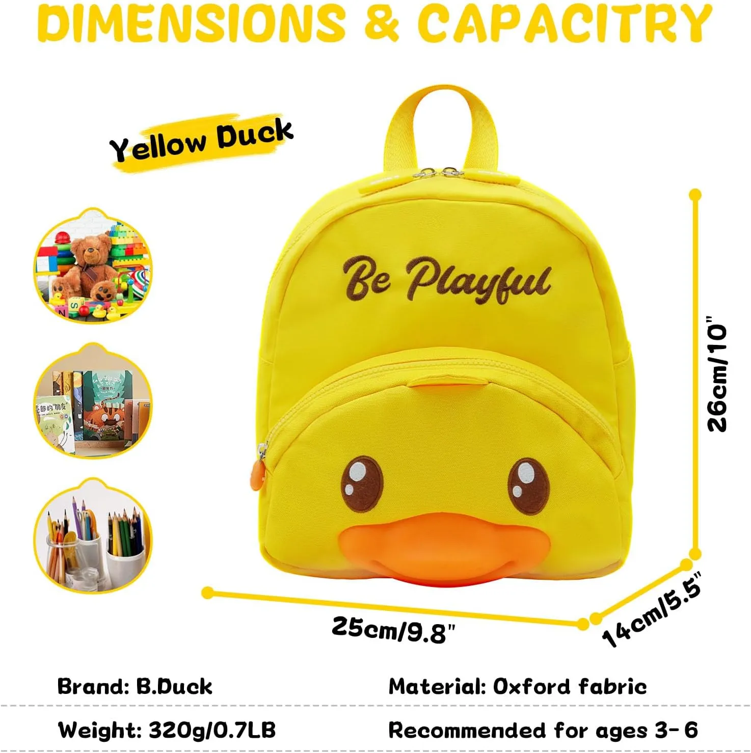 B.Duck Kids Backpack Kindergarten Toddler Mini Backpacks Cute Animal Cartoon Duck for Boys Girls, School, Travel, Daily Use(Age 3-7 (11" h), 02 Yellow Duck)
