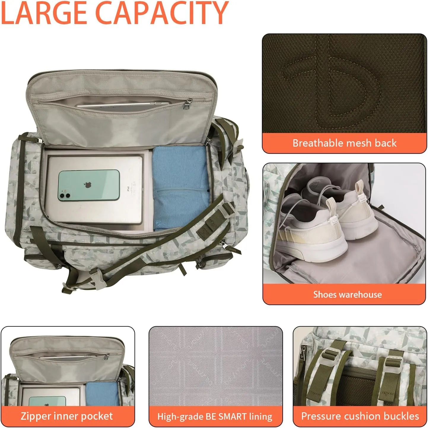 BE SMART 50L Extra Large Gym Backpack for Men, Big Gym Bag with Shoes Compartment, Waterproof Heavy Duty Duffel Bags, Men's Workout Backpacks for Outdoor Sport,Hiking,Camping,Travel
