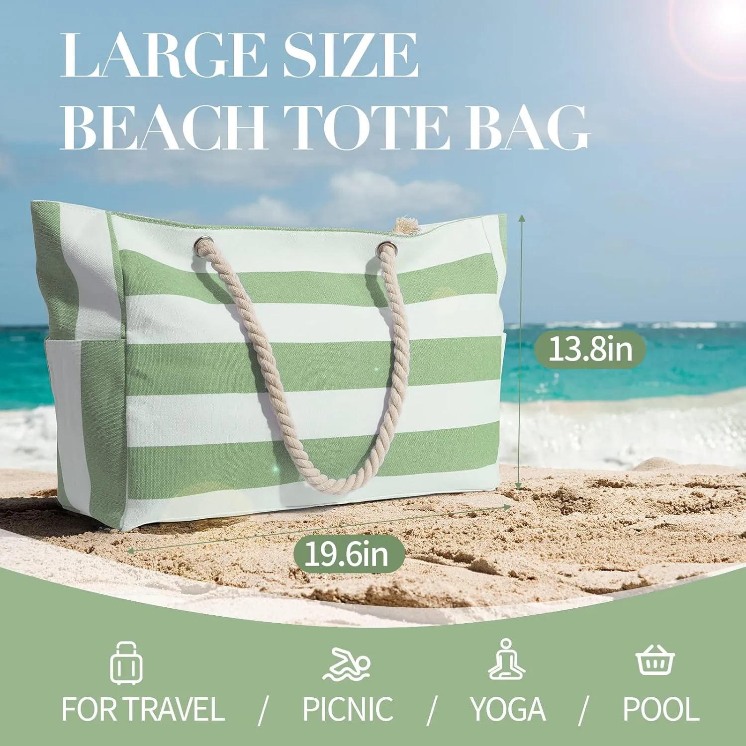 Beach Bag for Women Large Waterproof Pool Bag with Zipper, Sandproof Canvas Travel Tote Bags Gifts for Women