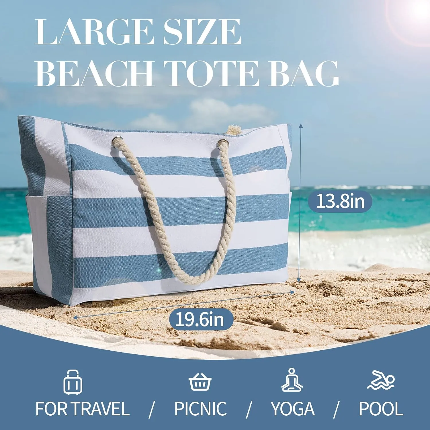 Beach Bag for Women Large Waterproof Pool Bag with Zipper, Sandproof Canvas Travel Tote Bags Gifts for Women