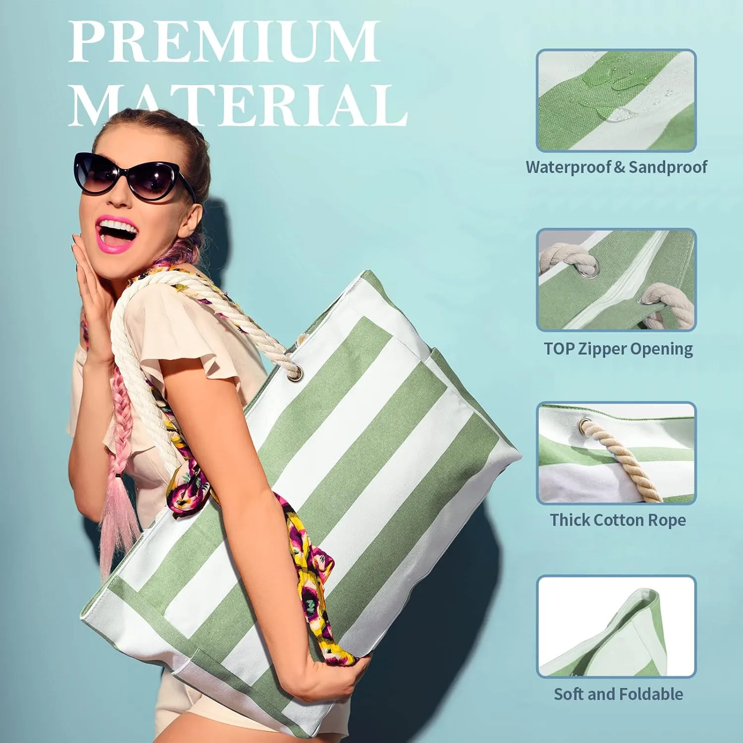 Beach Bag for Women Large Waterproof Pool Bag with Zipper, Sandproof Canvas Travel Tote Bags Gifts for Women
