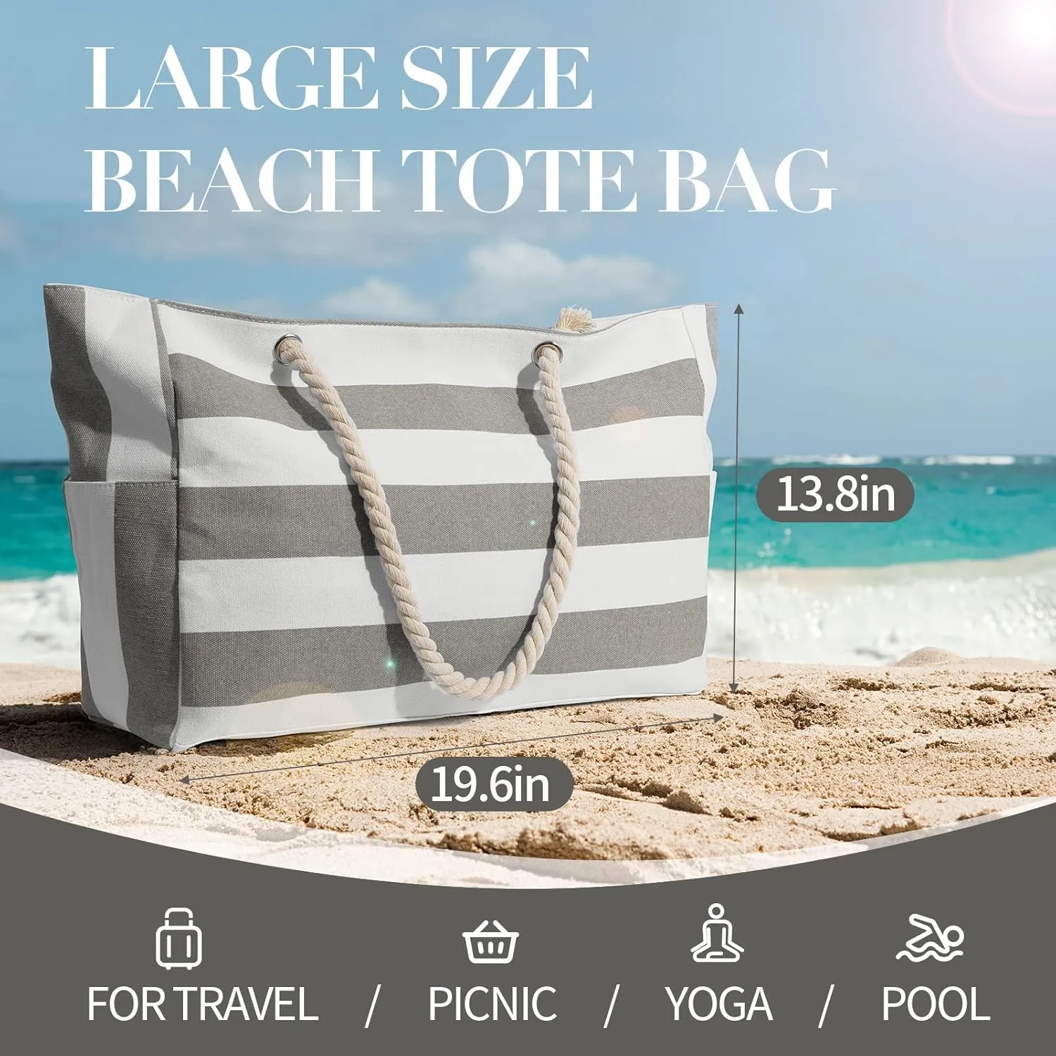Beach Bag for Women Large Waterproof Pool Bag with Zipper, Sandproof Canvas Travel Tote Bags Gifts for Women