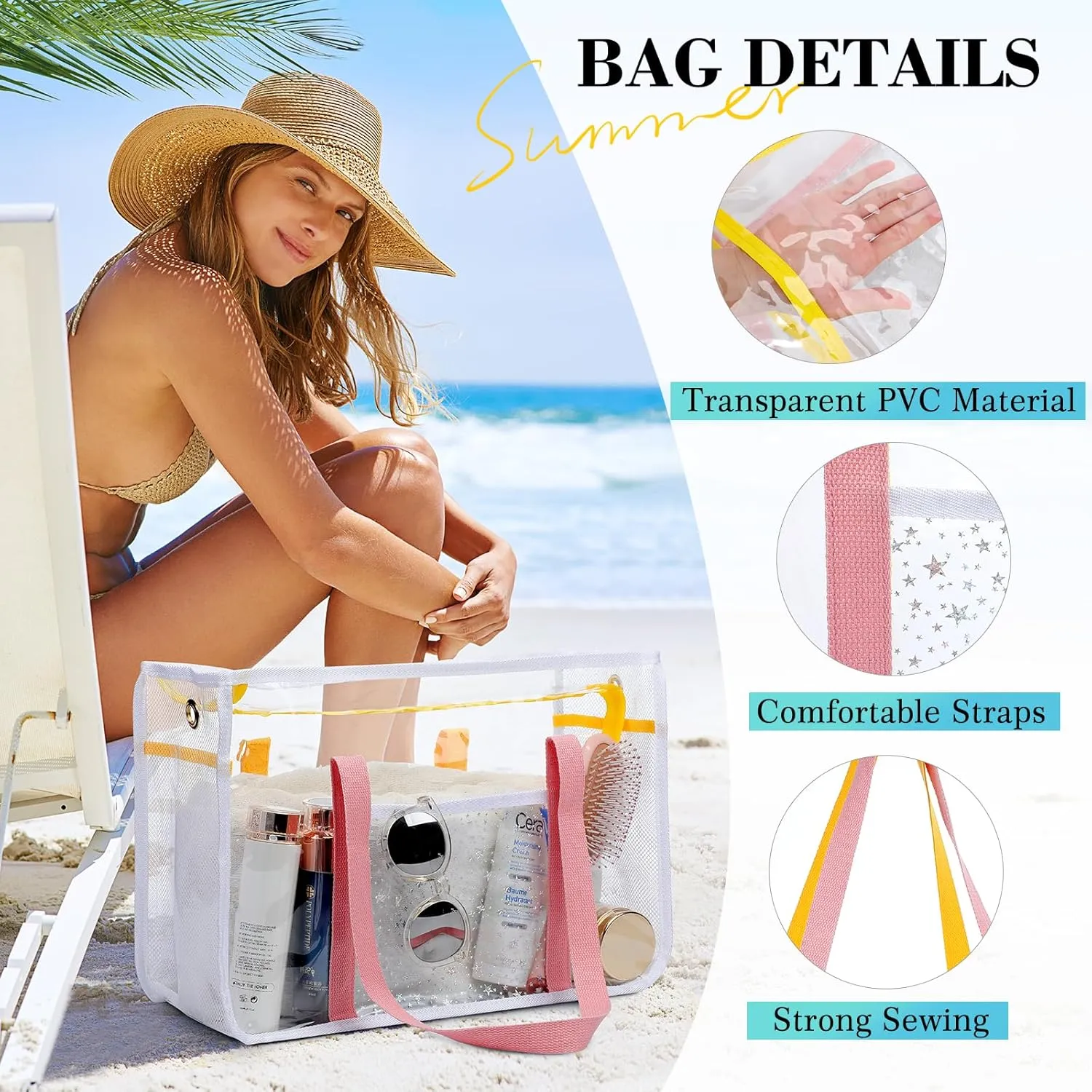 Beach Bags for Women - Clear Tote Bag for Women with Waterproof Pocket, PVC Beach Tote Bag Sandproof for Pool, Travel