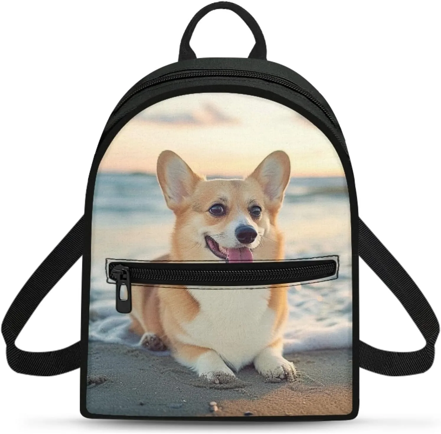 Beach Corgi Small Backpack for Womens Cute Shoulder Bag with Pocket Ladies Casual Backpacks Fashion Mini Backpack Purse