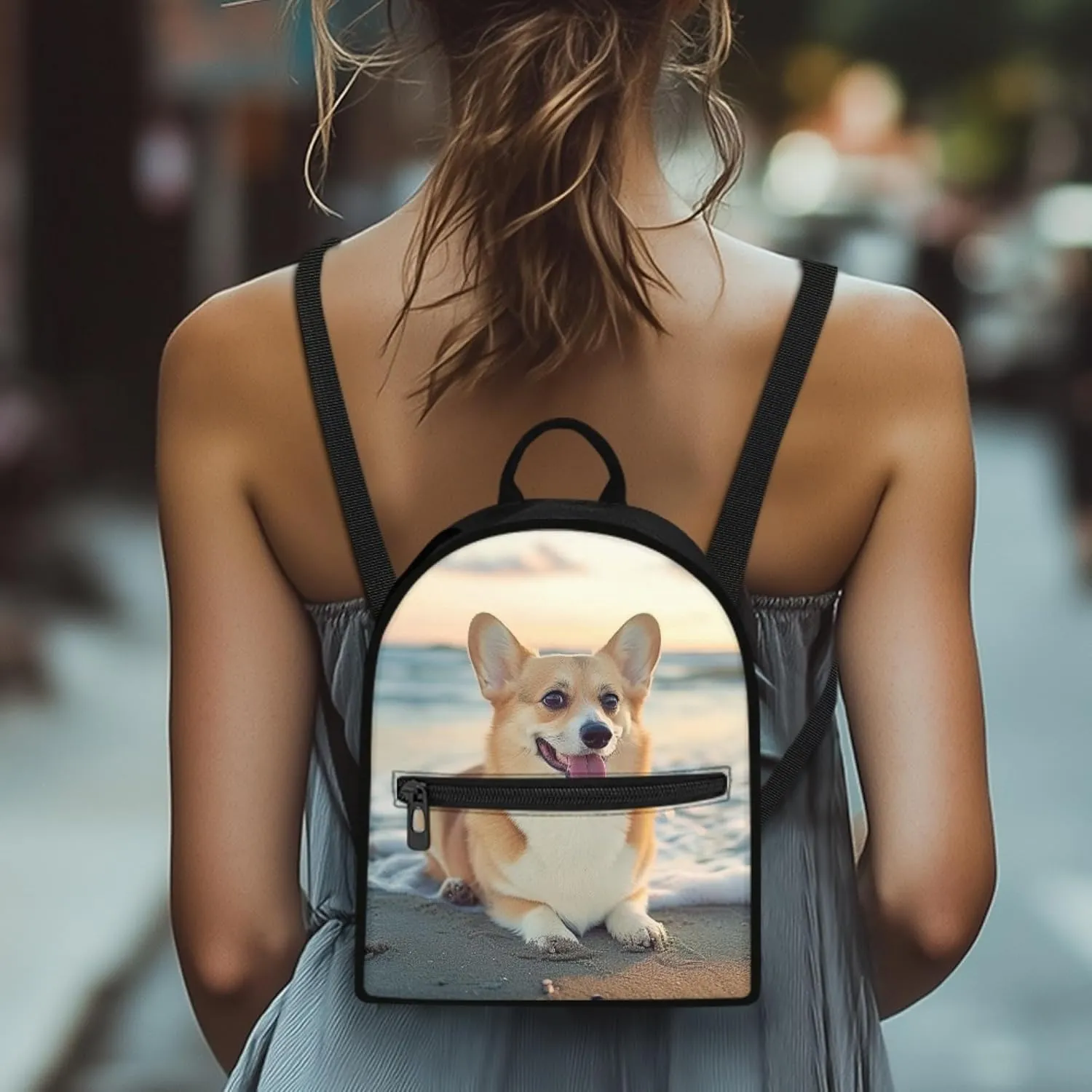 Beach Corgi Small Backpack for Womens Cute Shoulder Bag with Pocket Ladies Casual Backpacks Fashion Mini Backpack Purse