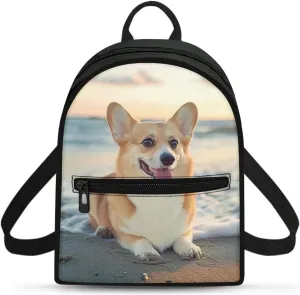 Beach Corgi Small Backpack for Womens Cute Shoulder Bag with Pocket Ladies Casual Backpacks Fashion Mini Backpack Purse