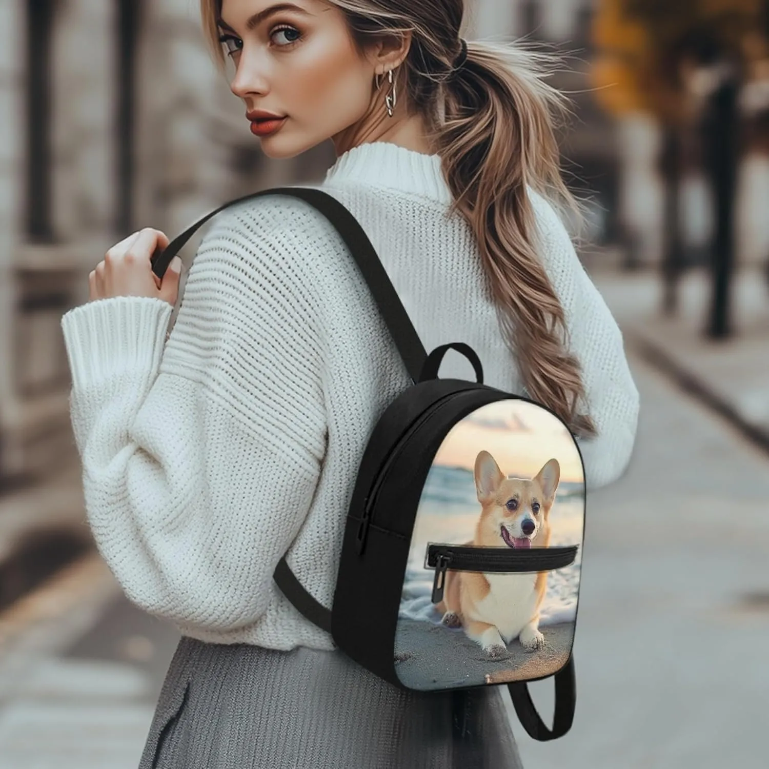 Beach Corgi Small Backpack for Womens Cute Shoulder Bag with Pocket Ladies Casual Backpacks Fashion Mini Backpack Purse
