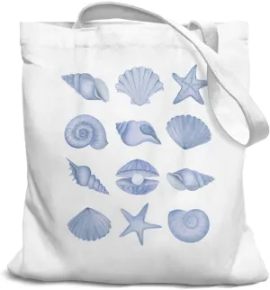 Beach Preppy Canvas Tote Bag, Blue shells Sign, Beach Bag, Reusable Grocery Bags, Shopping Gift Bag for Work Travel Shoulder Bag, Best Gift for Beach Lovers, White