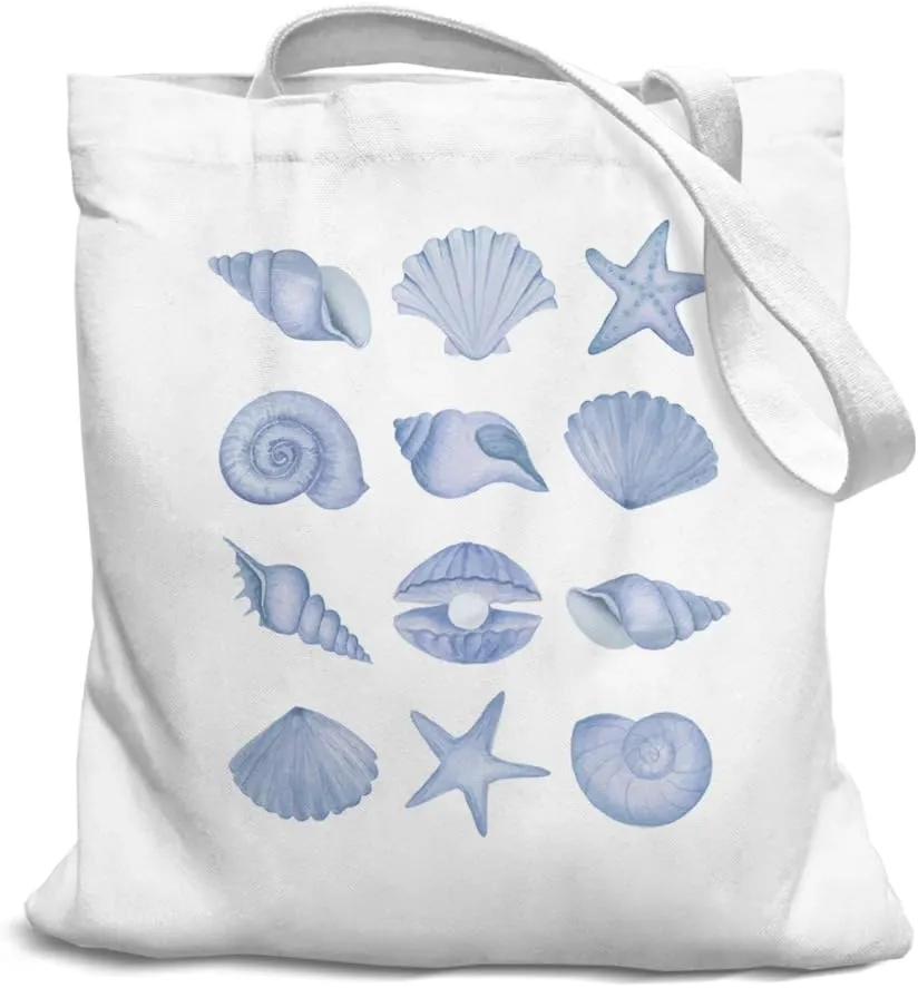 Beach Preppy Canvas Tote Bag, Blue shells Sign, Beach Bag, Reusable Grocery Bags, Shopping Gift Bag for Work Travel Shoulder Bag, Best Gift for Beach Lovers, White