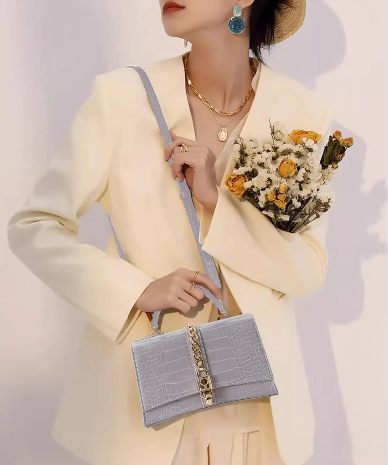 Beatfull Top Handle Purses for Women Crossbody Stylish Crocodile Leather Satchel Bag Chain Square Shoulder Handbag