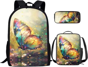 Beautiful Butterfly Backpacks for Girls Custom Stylish Backpack Set for Teens Boys Waterproof Backpacks School Bookbags with Lunch Bag Pencil Pouch Ideal Gifts for Teens 11-13T