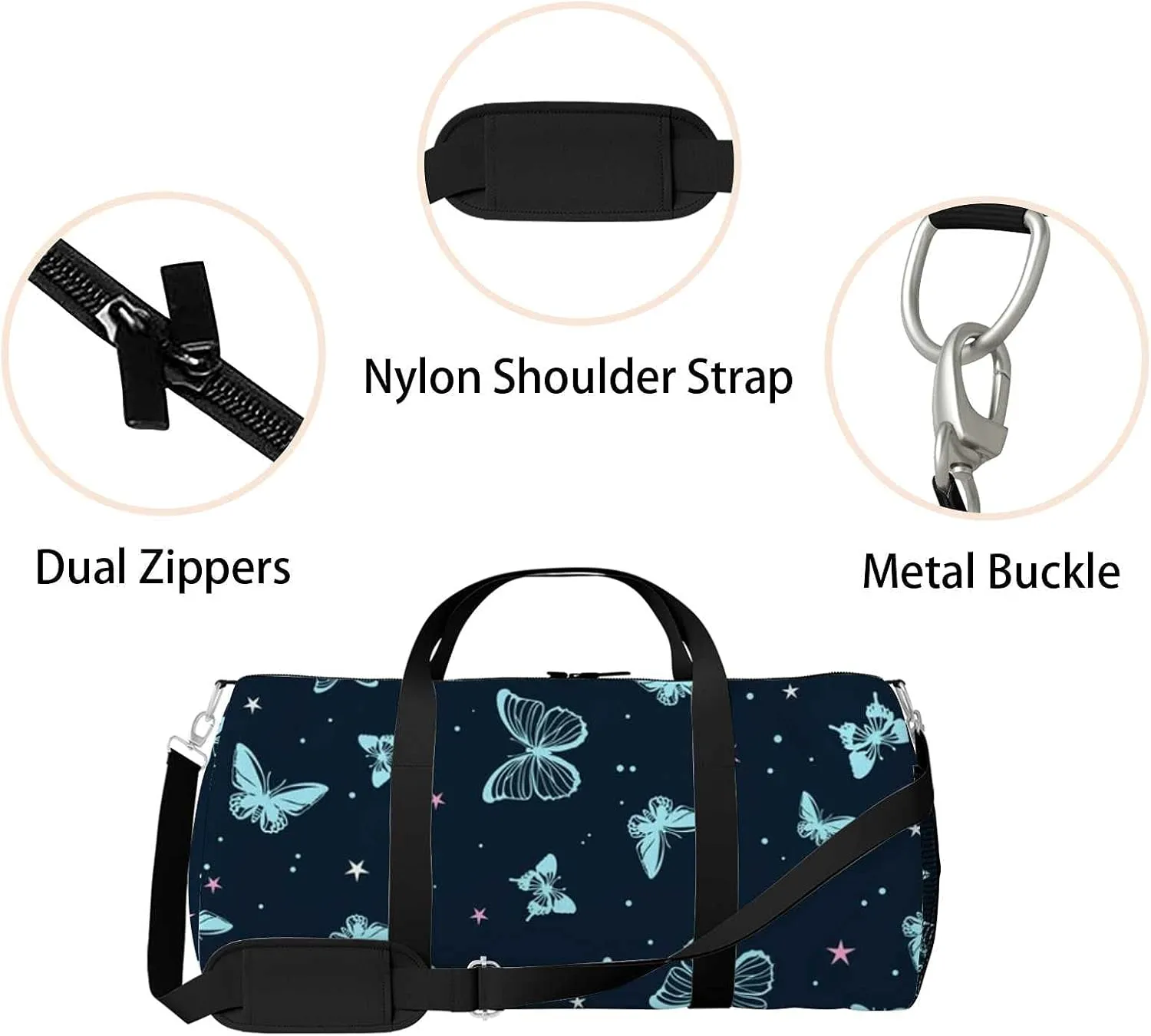 Beautiful Flying Butterflie Stars Sports Duffel Bag Travel Gym Tote Bags Lightweight Durable Shoulder Strap Waterproof Polyester Outside Mesh Pocket Overnight Trip Duffel Bag for Women Men