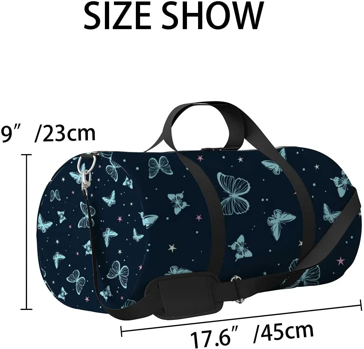 Beautiful Flying Butterflie Stars Sports Duffel Bag Travel Gym Tote Bags Lightweight Durable Shoulder Strap Waterproof Polyester Outside Mesh Pocket Overnight Trip Duffel Bag for Women Men
