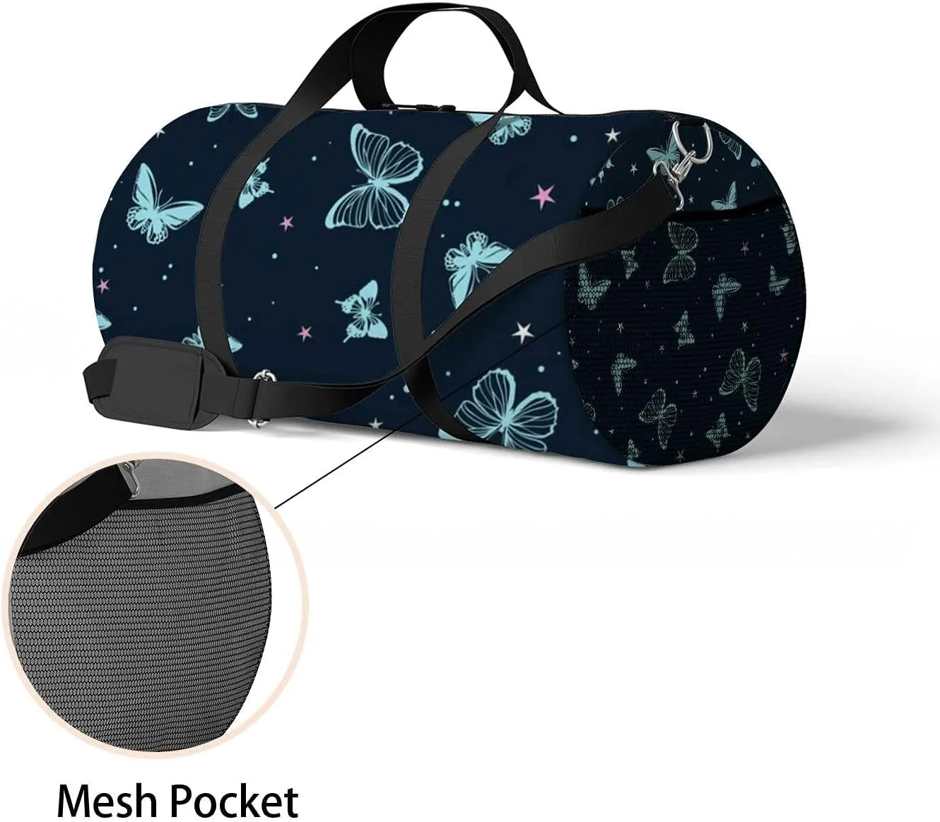 Beautiful Flying Butterflie Stars Sports Duffel Bag Travel Gym Tote Bags Lightweight Durable Shoulder Strap Waterproof Polyester Outside Mesh Pocket Overnight Trip Duffel Bag for Women Men