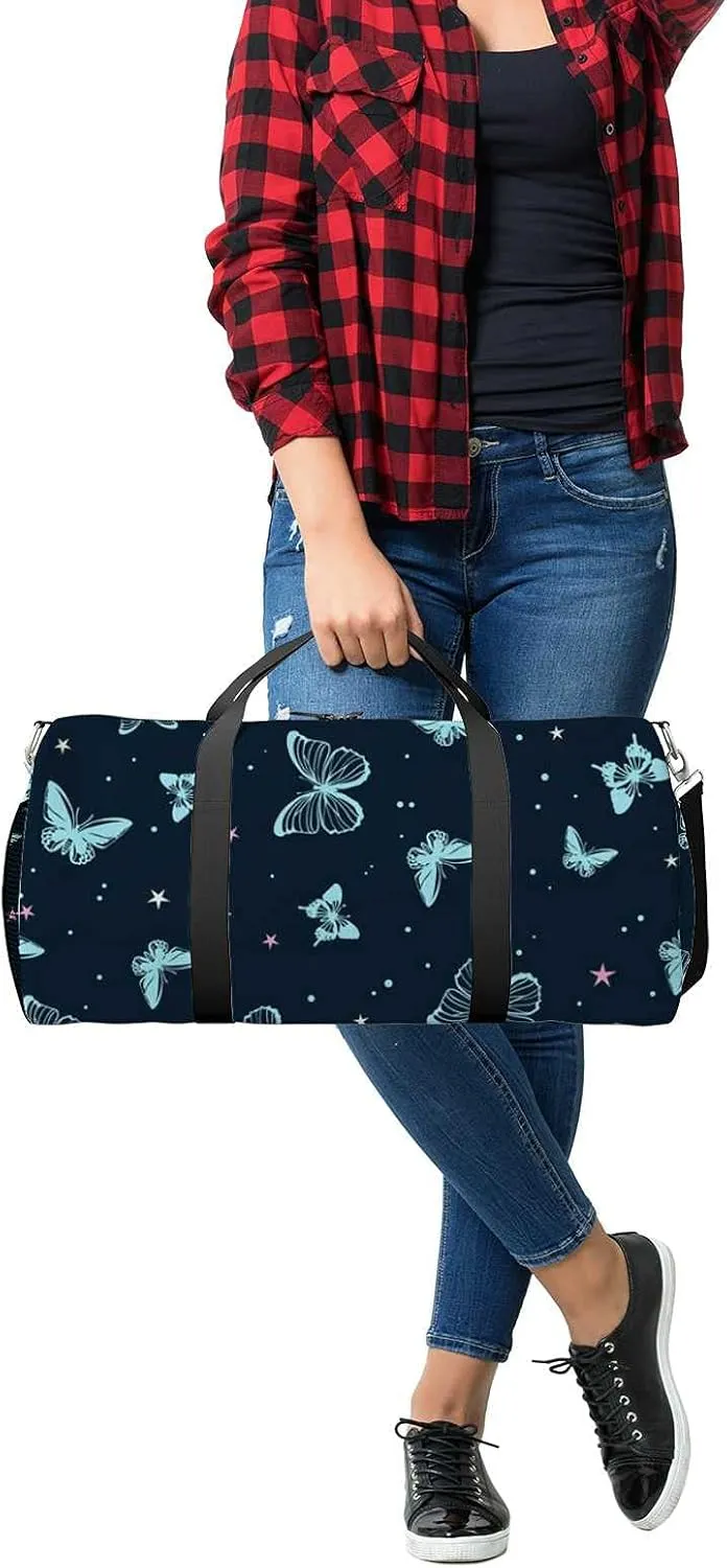 Beautiful Flying Butterflie Stars Sports Duffel Bag Travel Gym Tote Bags Lightweight Durable Shoulder Strap Waterproof Polyester Outside Mesh Pocket Overnight Trip Duffel Bag for Women Men